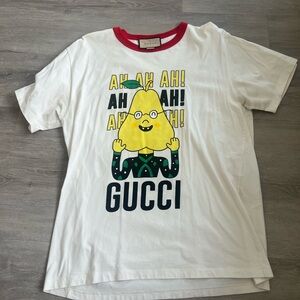 Gucci White Pear Graphic Tee with Red Trim